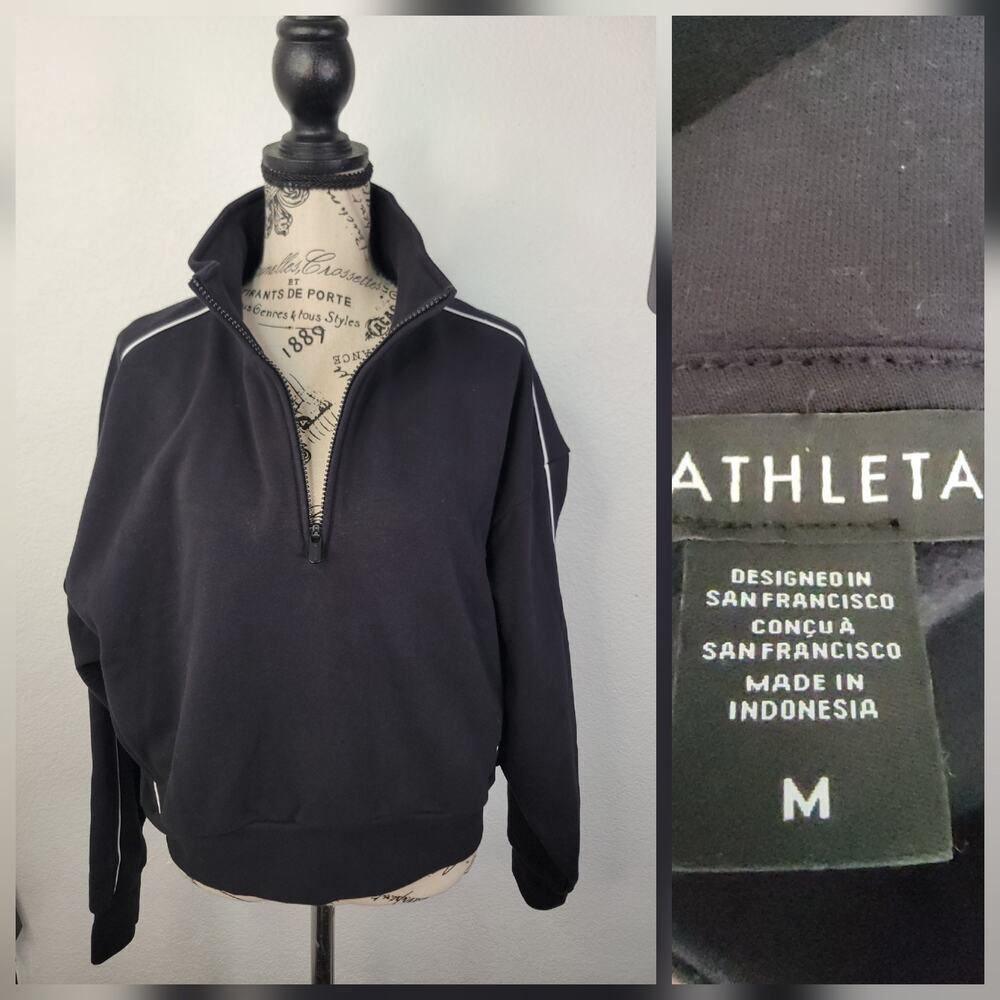 Athleta Forever Fleece 1/2 Zip Crop Sweatshirt Womens SZ M Black High Hip Piping